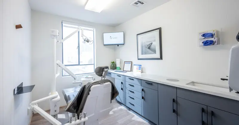 Spacious dental procedure room with equipment and decor in Beverly Hills.