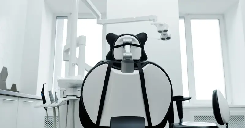 Stylish and modern dentist office with dental chair and equipment in a well-lit setting.